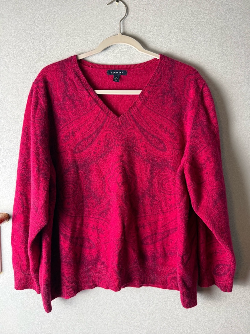 Lands' End 100% Cashmere Women's V-Neck Paisley Sweater in Fuchsia Pink Size 3x